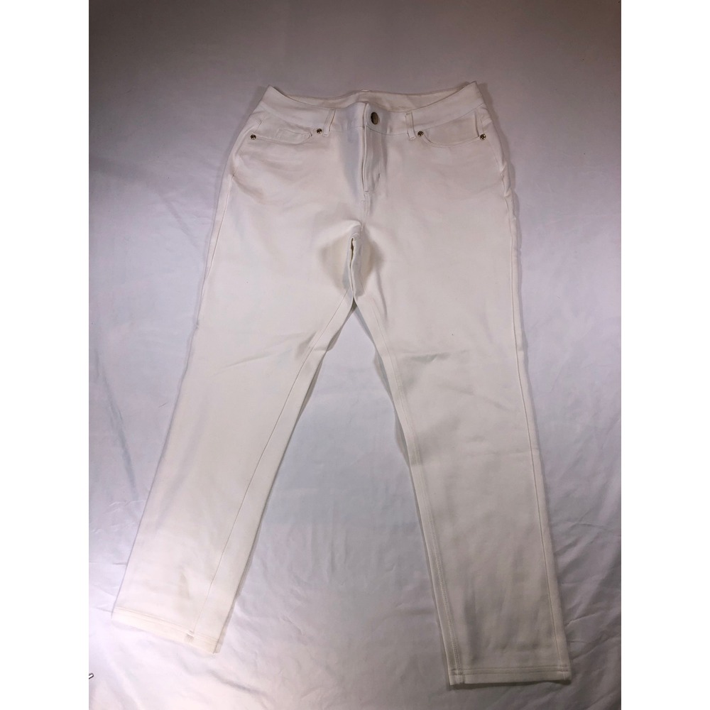 Cato White Mid Rise Straight Leg Pants Womens 12P Petite Gold Hardware Stretch